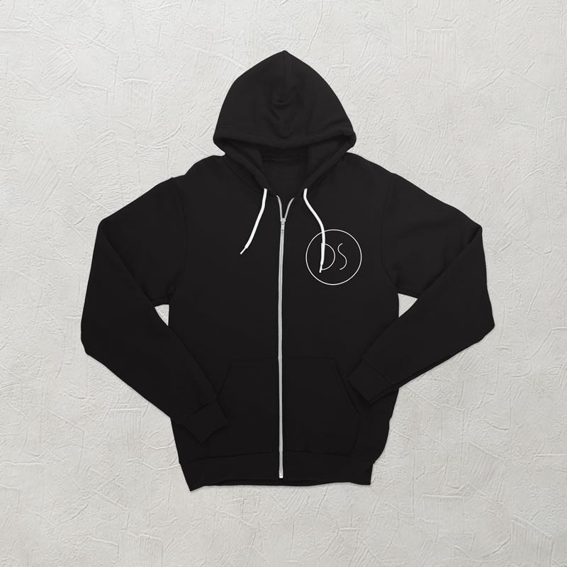 A custom black zipped hoodie printed with the DS Creative logo in white.